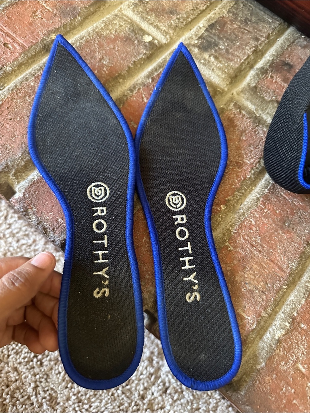 Rothy's Black Pointed Knit Flats with Blue Trim - Picture 4 of 7